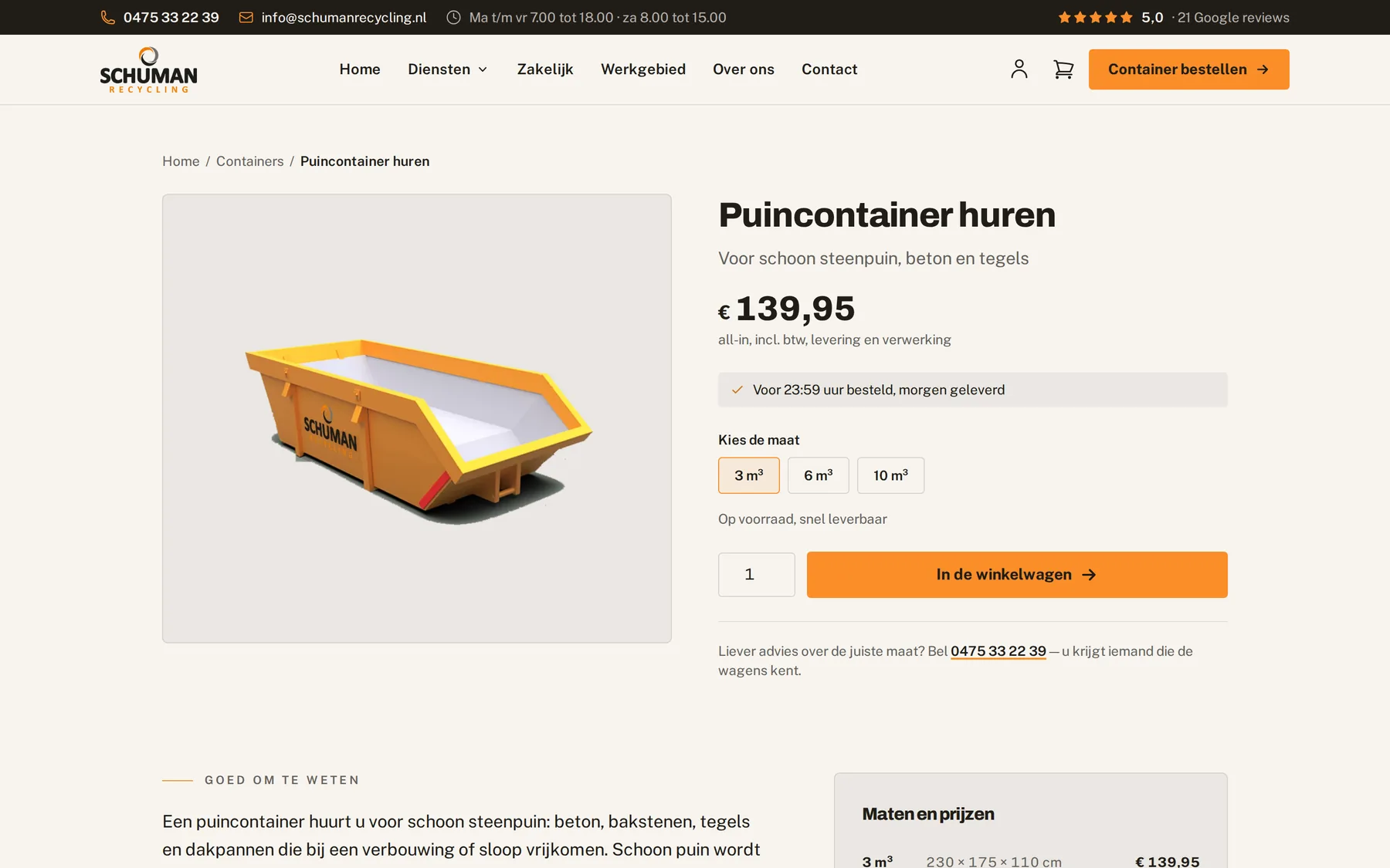 De productpagina voor een puincontainer bij Schuman Recycling, met de prijs, de maatkeuze en de winkelwagenknop