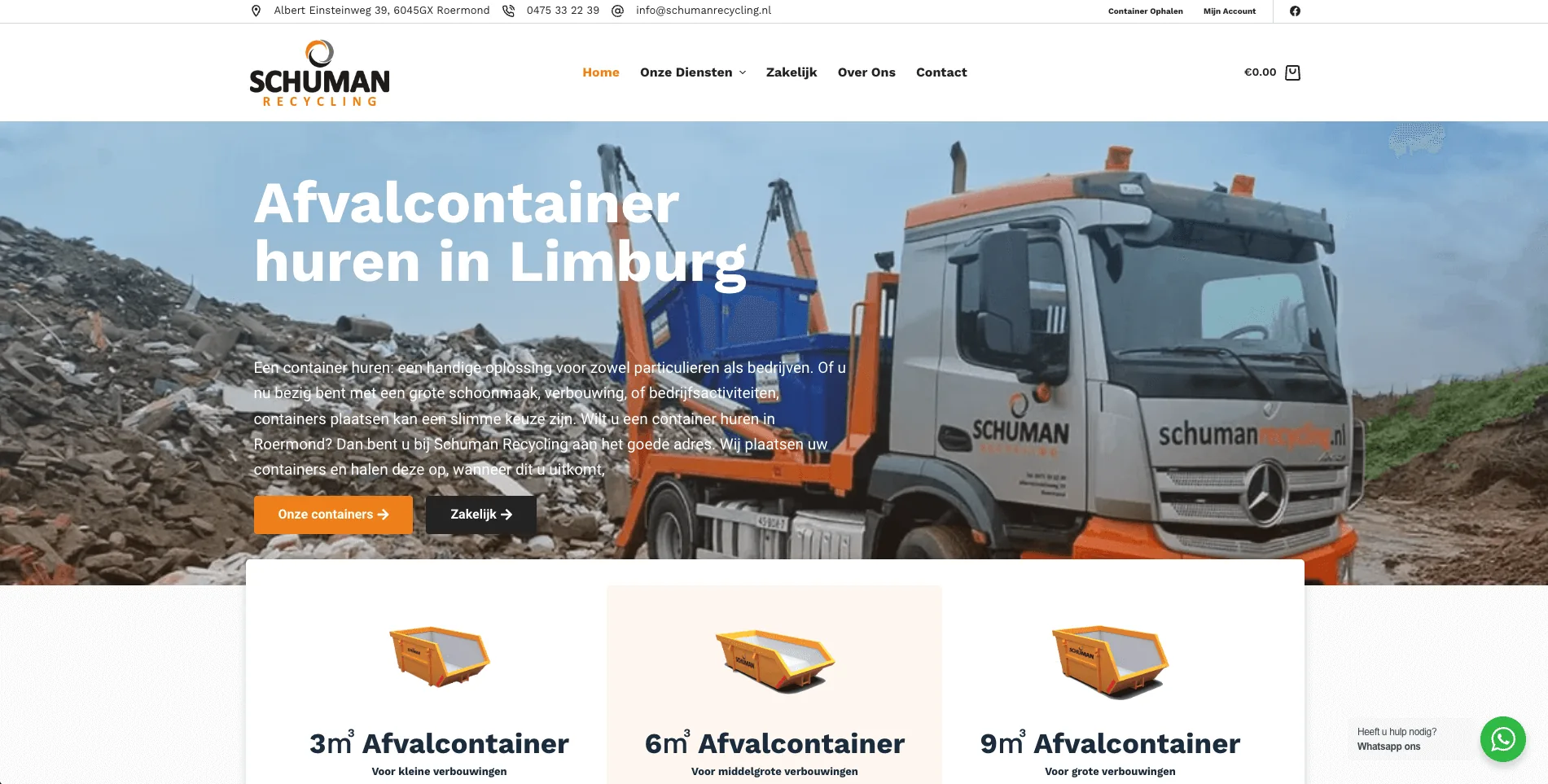 De webshop van Schuman Recycling uit 2023, met de drie containerformaten onder de hero