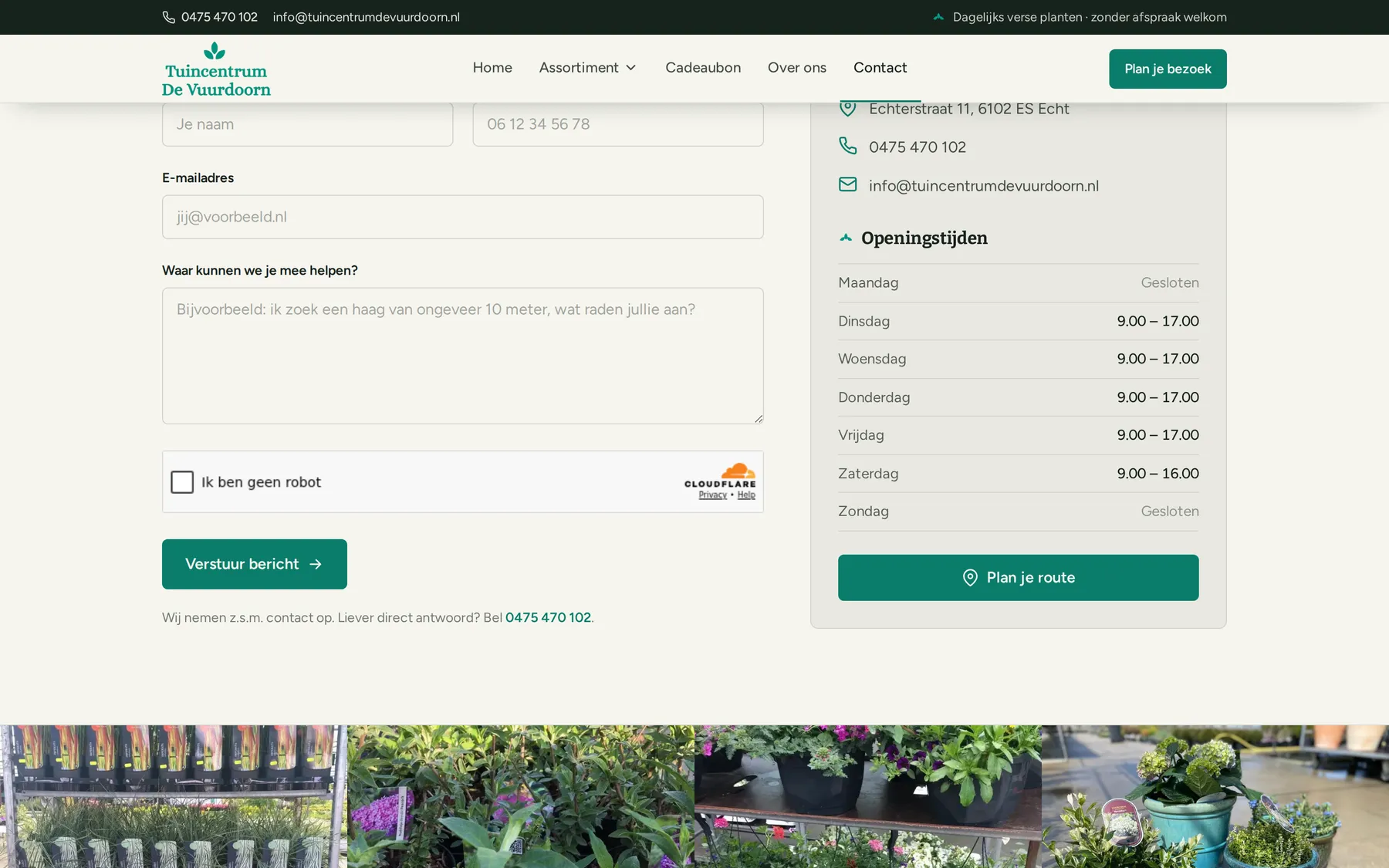 De contactpagina van Tuincentrum de Vuurdoorn met formulier en openingstijdentabel