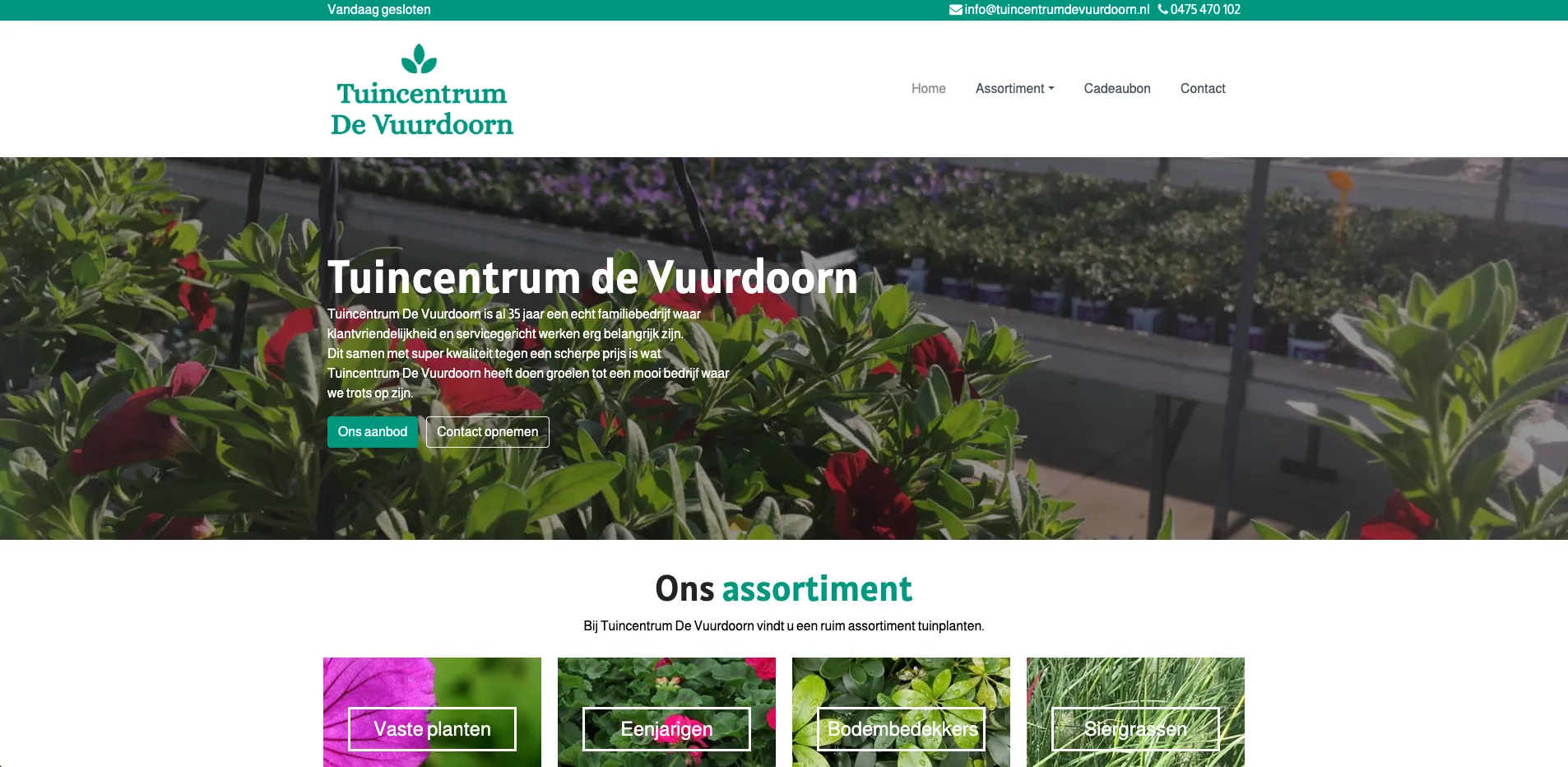 De website van Tuincentrum de Vuurdoorn uit 2021, met vier categorietegels onder de hero